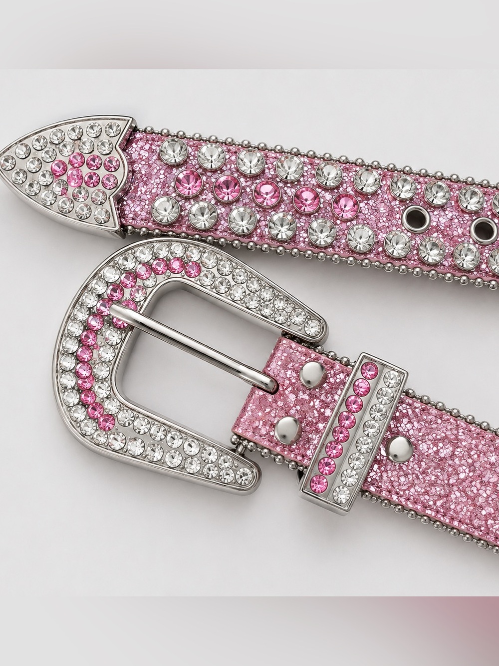 Quality rhinestone, glitter leather, silvertone grommet western belt- 37-43"